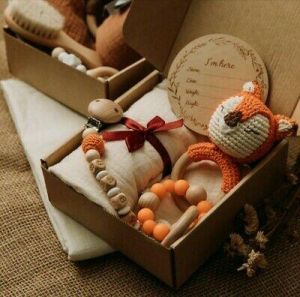 MAR kids store  العاب اطفال خشبيه kids toys Newborn Gift Box Baby Towel Bath Toy Set Cotton Blanket Wooden Rattle Bracelet
