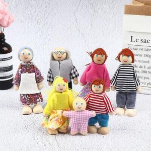 MAR kids store  العاب اطفال خشبيه kids toys Wooden Dolls Toys Figures Furniture House Family Miniature 7 People Doll Toy LF
