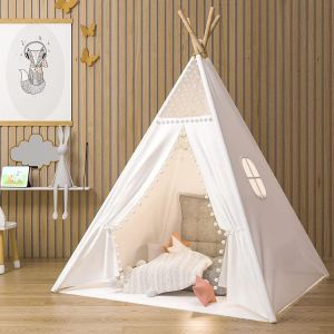JoyNote Teepee Tent for Kids Indoor Tents with Mat, Inner Pocket, Unique Reinforcement Part - Foldable Play Tent Canvas Tipi Child