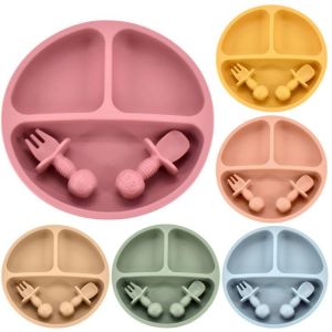 Baby Silicone Dining Plate Set Solid Cute Smile Cartoon Children Dishes Toddle Training Tableware Kids Feeding Bowls BPA FREE
