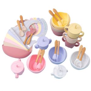 5 Pcs Children&#x27;s Tableware Baby Bib Suction Cup Plate Dishes Feeding Spoon Silicone Set Kids Dispensing Drinking Bowl Bpa Fre