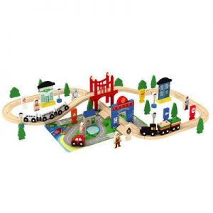 Wooden 80 Pcs Busy City & Train Set Railway Track Toy Brio Bigjigs Compatible